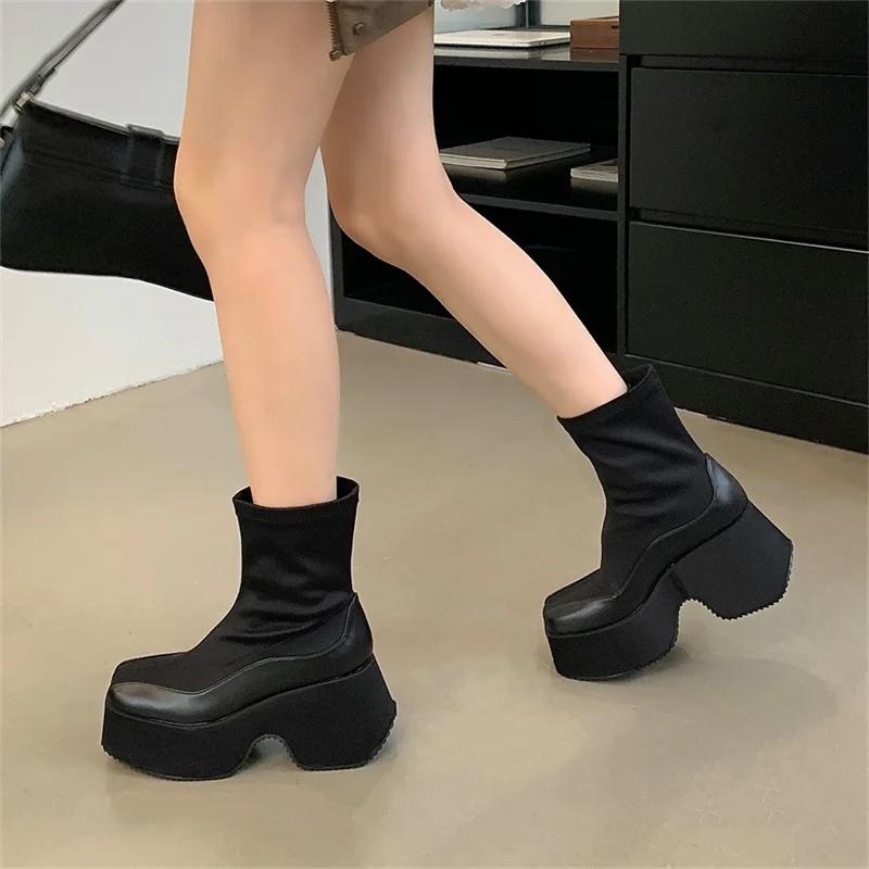 Leather Fabric Splicing Thick Soled Boots Waterproof Platform Heel Women's Knee Boots Elastic Fabric and Ankle Short Boots 35-39