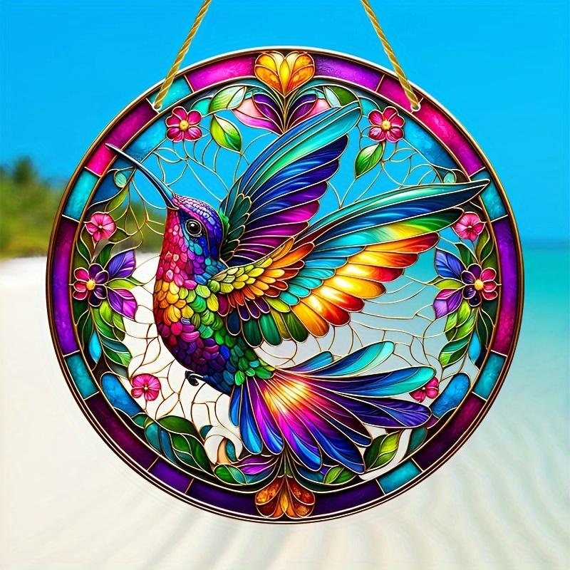 Hummingbird Stained Glass Art. 8x8 inch acrylic with floral design for home or bar. A perfect gift.