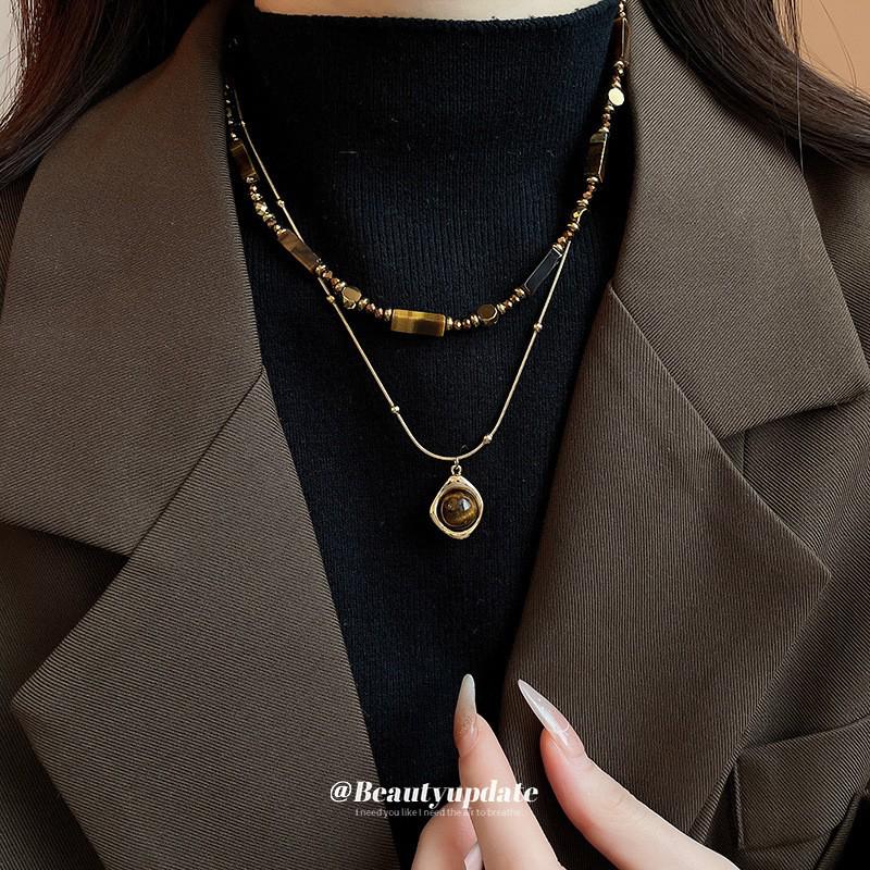 18k vergoldete Tigerauge Perlenanhänger Halskette - Retro Schlüsselbeinkette für Herbst/Winter.