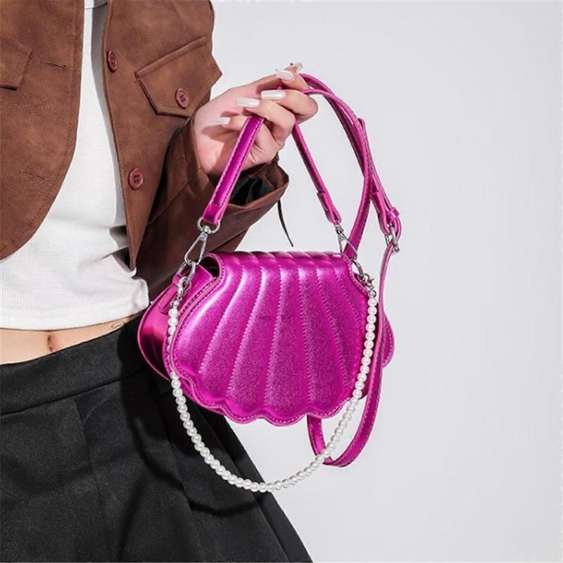 Womens Pearl Chain Handbag Purse Female Shell Shape Shoulder Bag Ladies PU Crossbody Messenger Bag for Party Prom Silver