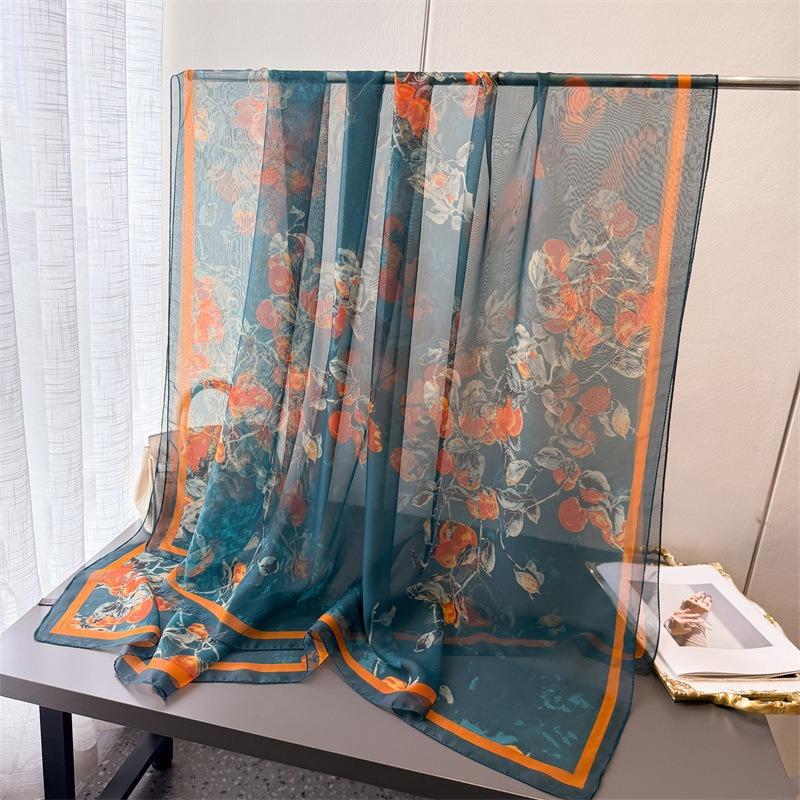 Green orange blossom encryption soft yarn printing spring and summer silk scarf large long scarf travel shawl sun protection women's scarf headscarf