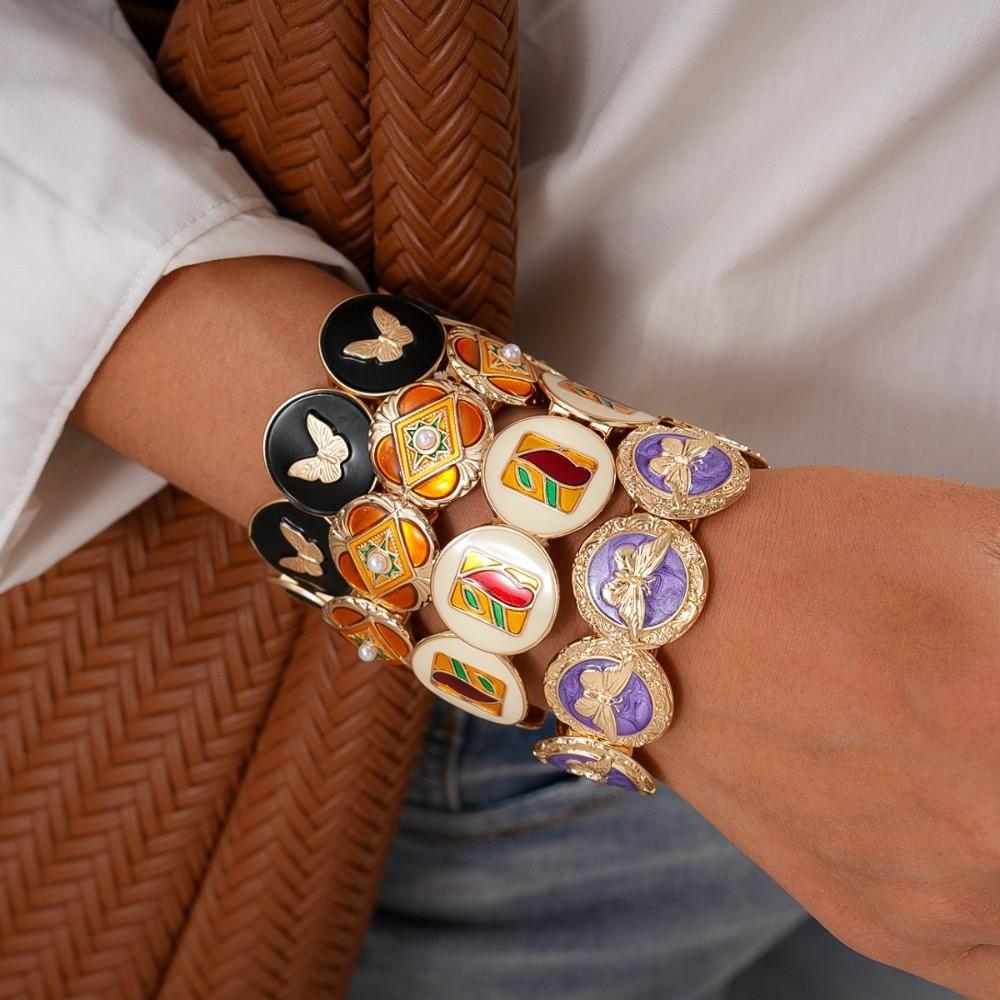 Imitation Pearl Wide Metal Bangles Luxury Jewelry Geometry Hand Ring Retro Drip Oil Bracelet Party