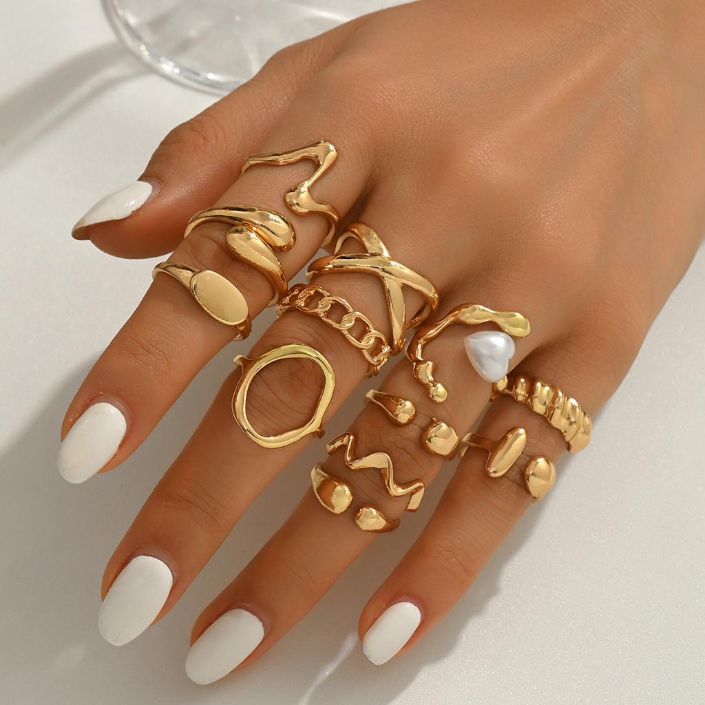 Women's ring set, geometric special-shaped opening with heart-shaped pearl design ring, high-end jewelry.