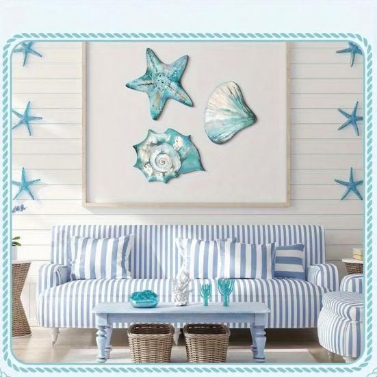 3 Pcs Wooden Rustic Beach Wall Art Ocean Coastal Nautical Seashell Starfish Couch Wall Decor for Living Room Bedroom Lake House Decor