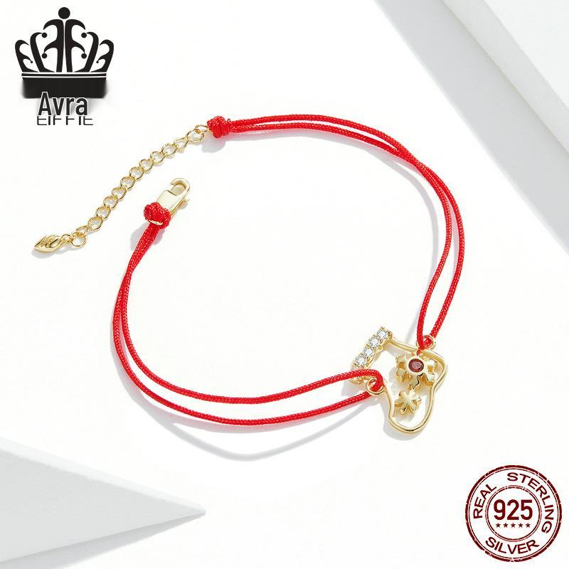 Everle Christmas Stocking Bracelet: Hand Rope Sterling Silver S925 with Gold Plated Zircon, Red Hollow Stocking Design