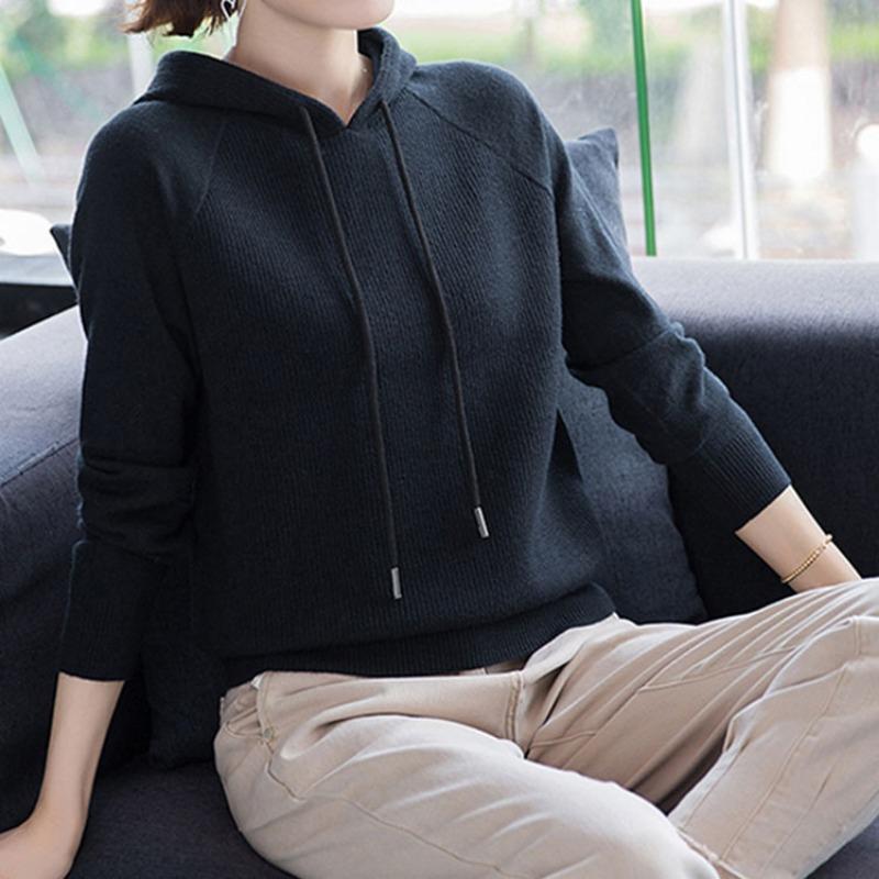 

Осенне-зимний вязаный свитер с капюшоном для женщин, повседневный свитер с длинными рукавами для женщин в качестве внутреннего слоя M чёрный