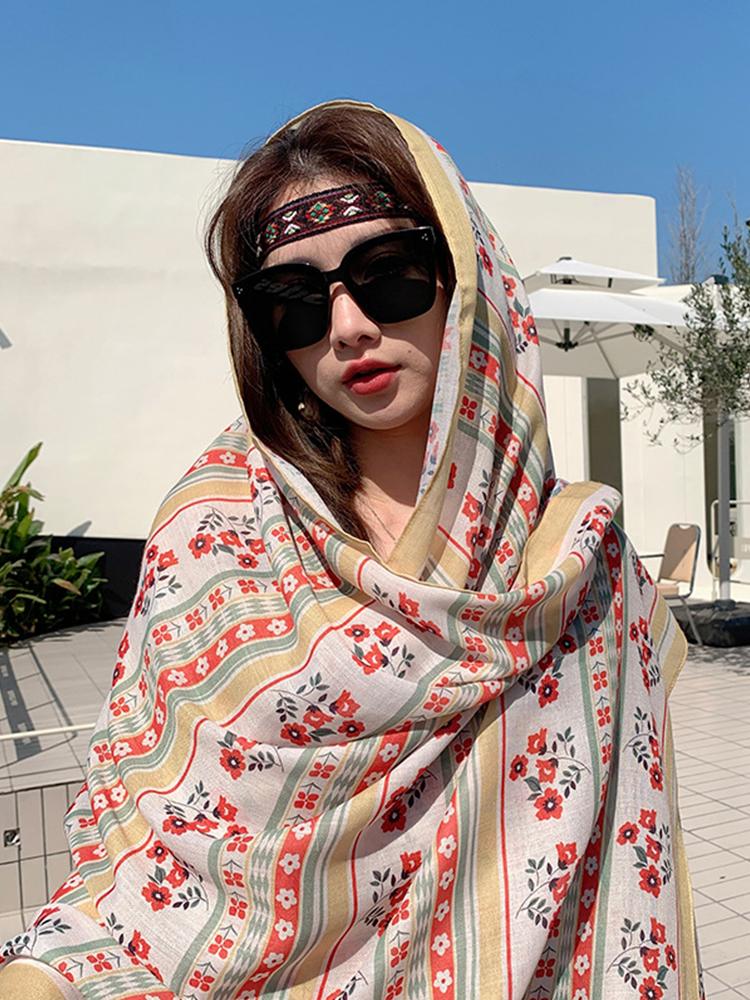 Summer Women Silk Scarf Sarong Beach Wrap Shawl Floral Print Sunscreen Bandana Hijab Mujer Bohemian Long Scarve Pareo Bufandas