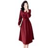 HXFS8213 Romantic Retro Red Dress - Women's High-End V-Neck French Hepburn Skirt for 2025 Autumn/Winter