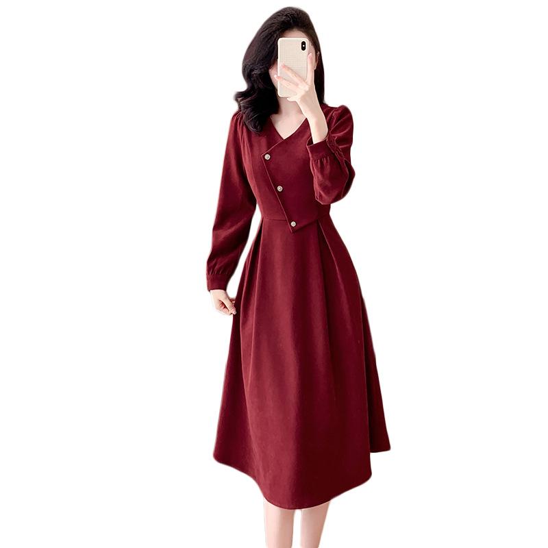 HXFS8213 Romantic Retro Red Dress - Women's High-End V-Neck French Hepburn Skirt for 2025 Autumn/Winter