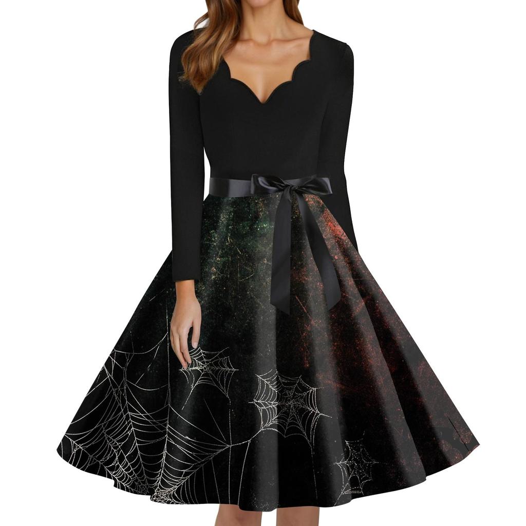 Women's Fashion V-Neck Casual Slim Fit Halloween Printed Long Sleeve Dress