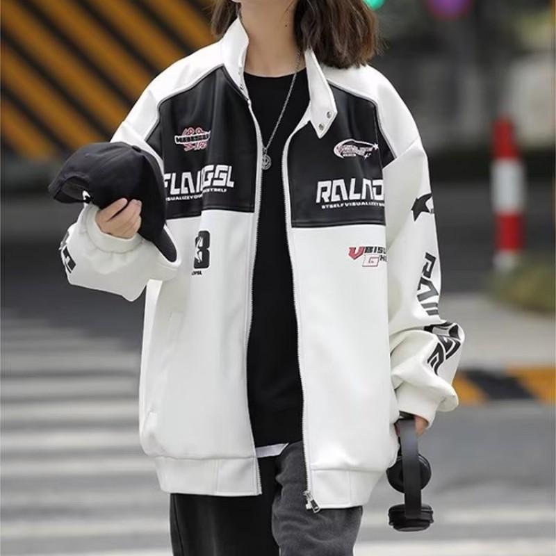 Vintage Motorcycle Racing Jacket PU Leather Biker Coat Stand Collar Black White Contrast Unisex Streetwear Outerwear