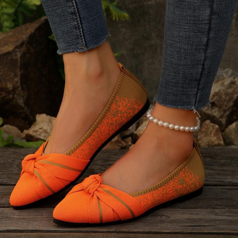Women's Pointed Toe Slip-On Flats, Breathable Flyknit Bow Loafer Shoes, Plus Size Casual Spring Fall Shoes