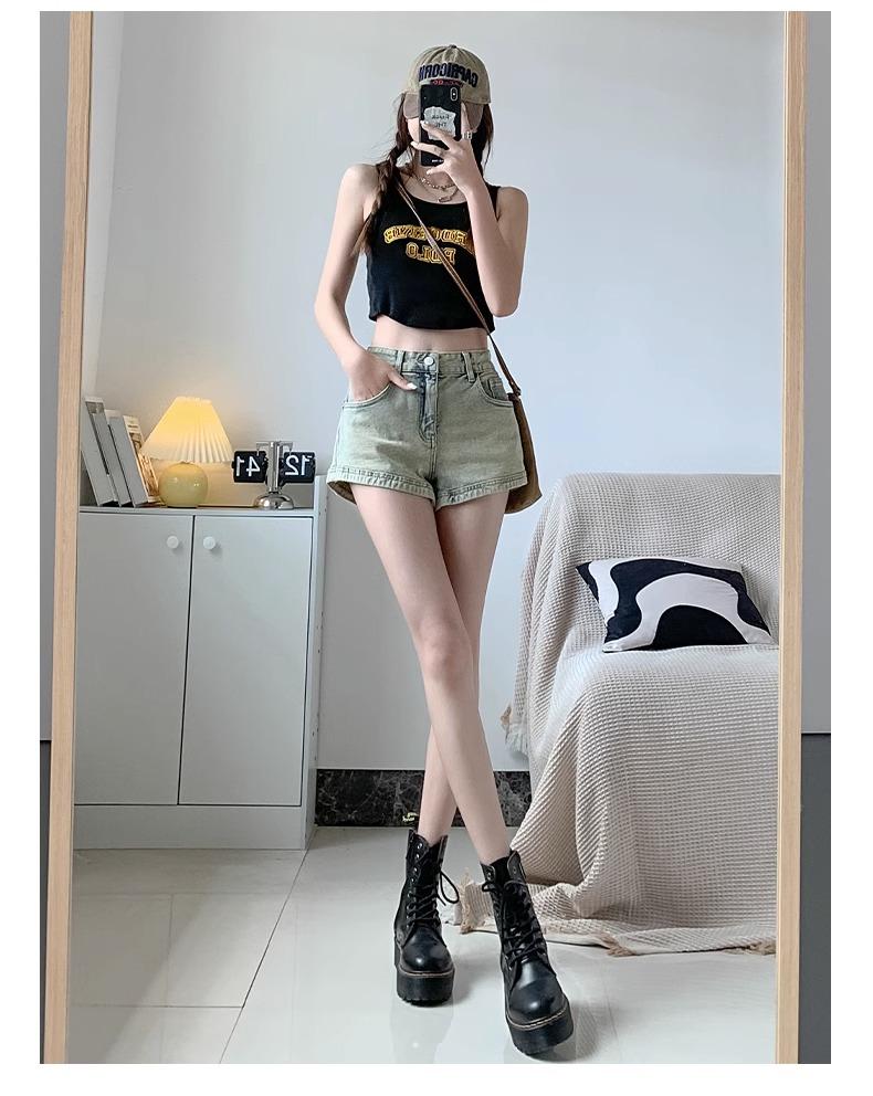 American Spicy Girl Women's High-Waist Denim Shorts, Summer 2024 - Slimming A-line Hot Pants, Washed Finish