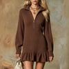 Women's Half Zip Collar Long Sleeve Ruffle Trim Short Dress for Everyday Casual Wear