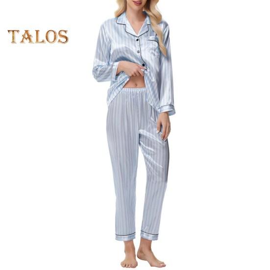 2-teiliges Pyjama-Set aus Seidensatin für Damen, Revers, Button-Down-Oberteil und Hose, gestreift, lockeres Schlafshirt und Hose mit elastischer Taille, Loungewear-Outfit