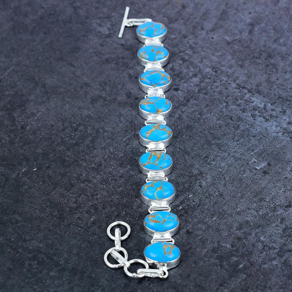 Natural Copper Blue Turquoise Gemstone 925 Sterling Silver Bracelet 7-8" a3D82