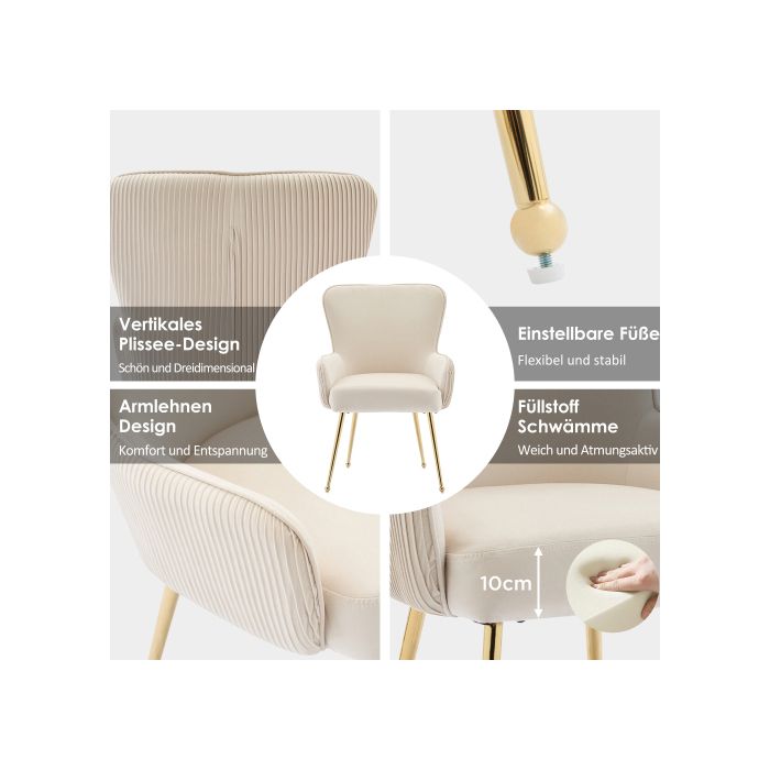 Chaise De Salle À Manger - MUVOE - Velours Beige - Lot De 2 - Accoudoirs - Pieds En Métal Doré