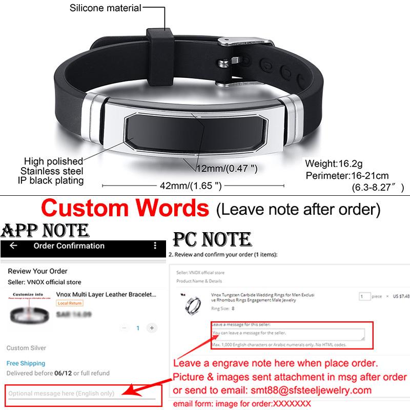 Vnox 12mm Customized Bracelets for Men Women,Grooved Stainless Steel ID Bangle with Adjustable Silicone Band,Casual Classic Gift