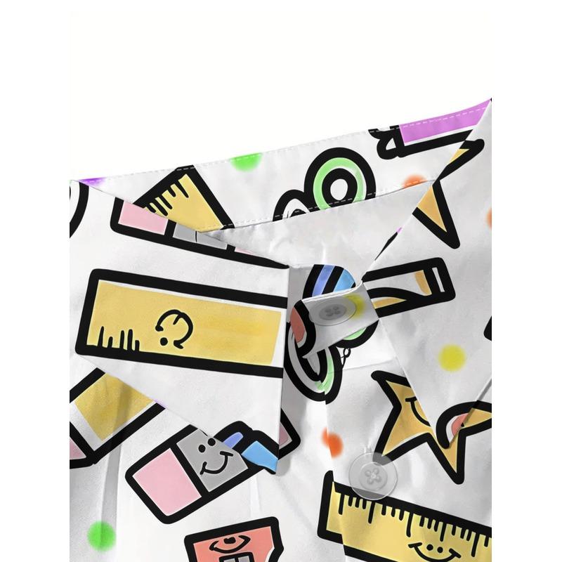Women's Casual Short Sleeve Button Up Shirt Cartoon Stationery Pattern Backpack Ruler Apple Scissors Rich Colors Machine Washabl