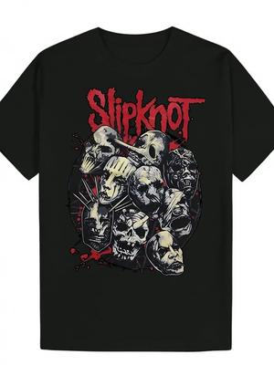 Black Polyester Men's Slipknot Graphic Tee | Casual T-Shirt with Skull Design,