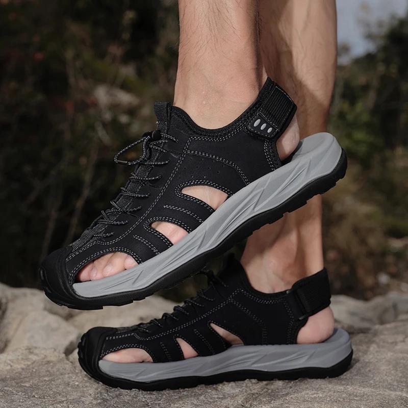 New Men's Handmade Leather Sandals Flat Sandals Men's Suitable for Beach Vacation Summer Non-slip Sandals Mens Loafers