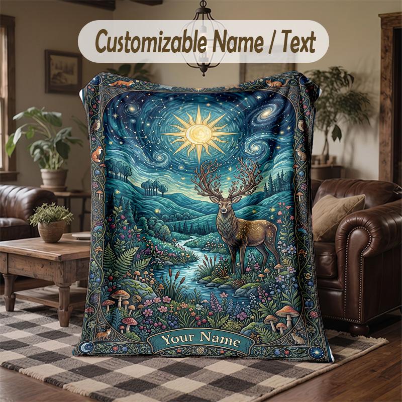 Starry Night Cat Garden Theme Throw Blanket Custom Name Text Personalized Blanket Soft Cozy Blanket for Home Sofa Bed