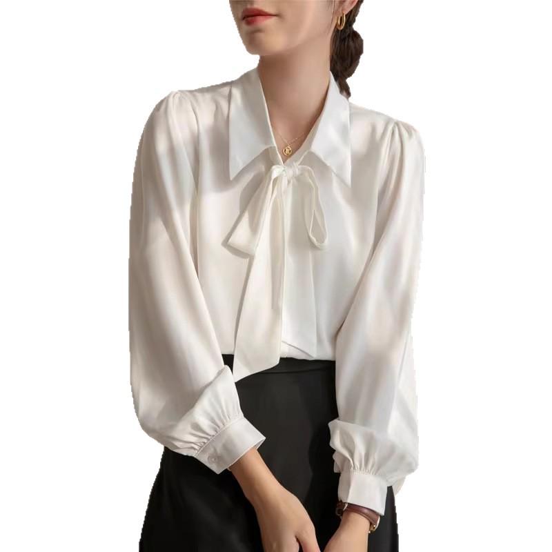 Women's Professional Chiffon Bow Shirt - Long Sleeve White Formal Top for Workplace and Interview