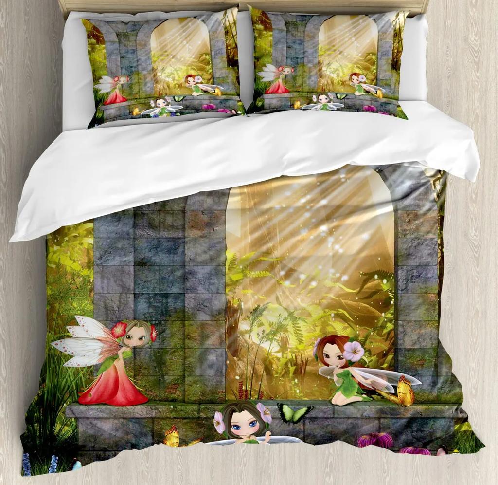 Fantasy Märchen Weiche Bettbezug-Set, Mädchen Flügel plus Schmetterlinge Kleiner Kobold Elf Wald Bettwäsche Set Wodlplus Warmer Deckenbezug Königin