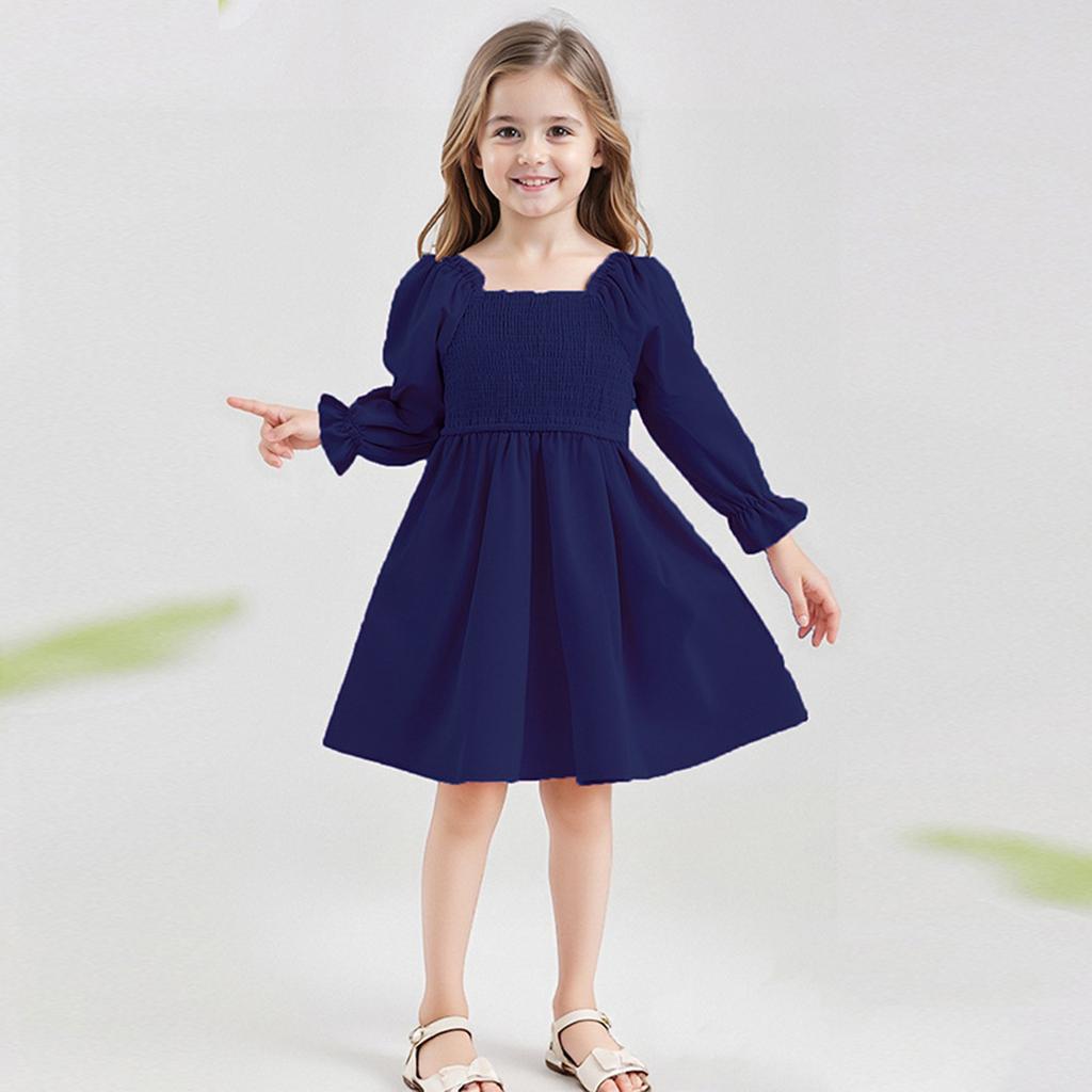 Girls' Fashion Cute Solid Color Square Neck Sleeve Ruffled High-Waisted Lace-Trimmed Full-Skirt Dress