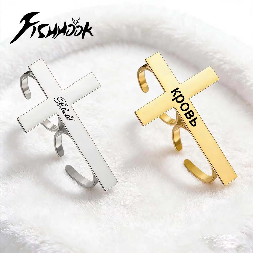 Cross Personalized Finger Ring Custom Gift For Woman Men Gold Color Stainless Steel Jesus Christian Amulet Talisman Jewelry