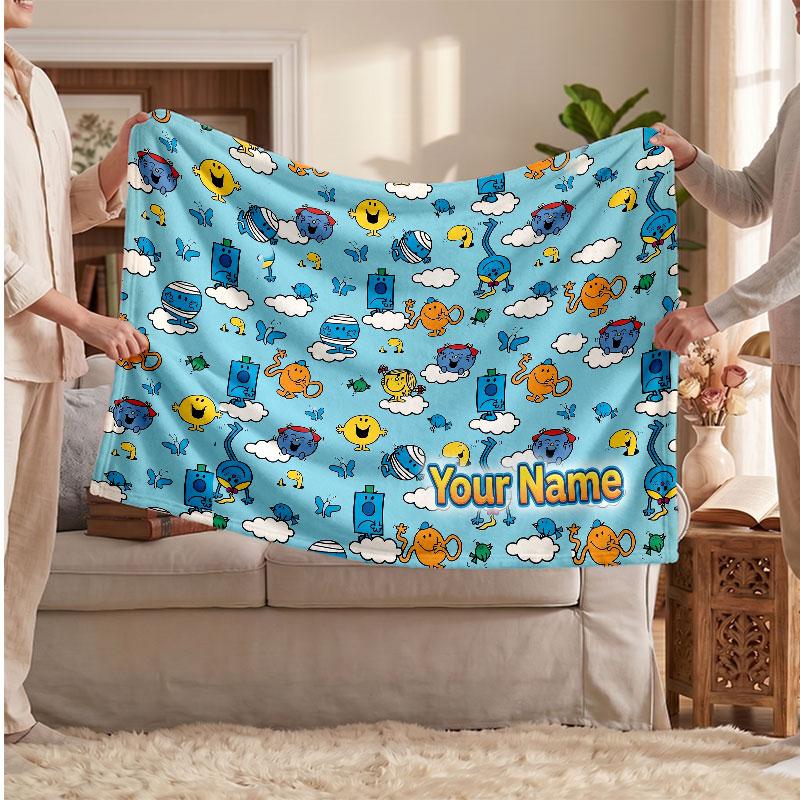 Mr. Men & Little Miss Personalized Flannel Blanket, Custom Printed Text Name, Warm Soft Blanket For Couch Bed