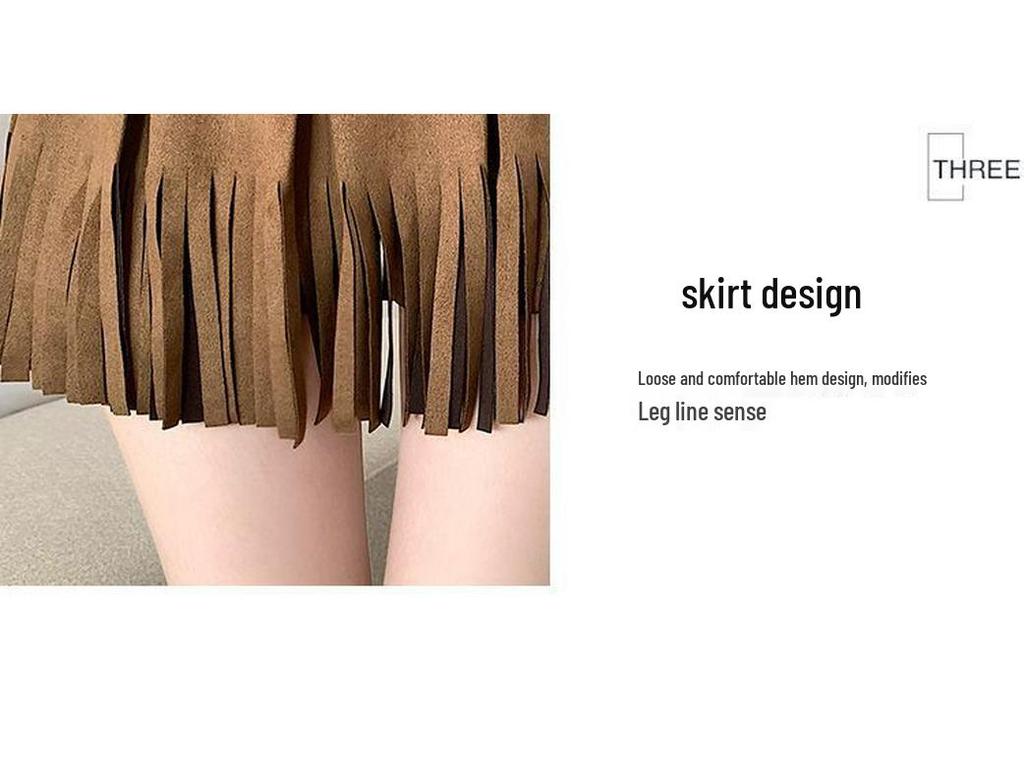 2025 Autumn/Winter Women's Retro Suede High-Waisted Tassel A-Line Mini Skirt