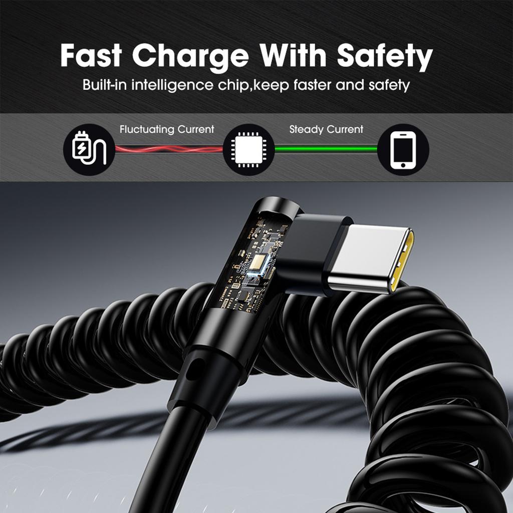 120W 6A USB-C Fast Charging Cable Elbow Stretch Spring Data Transfer Cord For iPhone 17 Pro Max 16 15 Xiaomi Samsung Car Charge