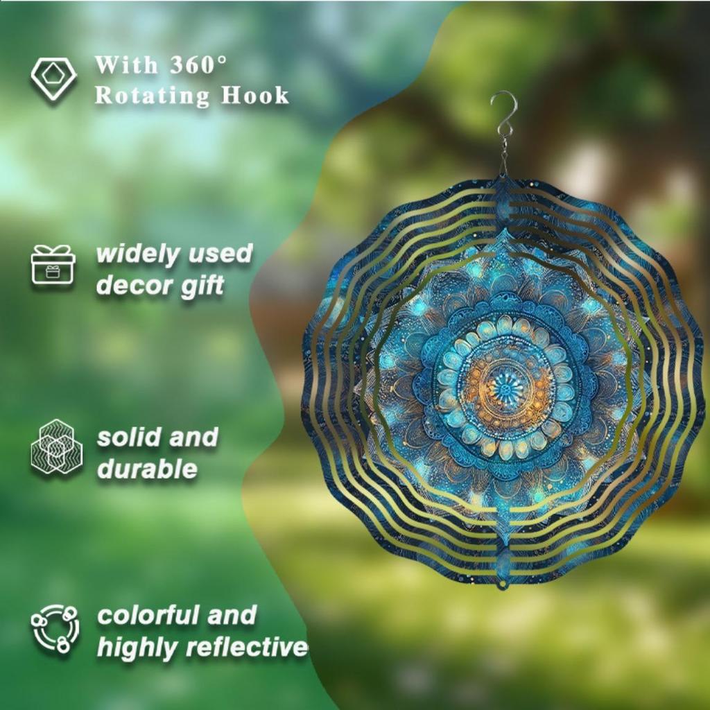 Bohemian Wind Spinner Outdoor Decor 10 Inch Hanging Garden Ornament with 360 Swivel Hook Blue Teal Gold Metal All Season Gift