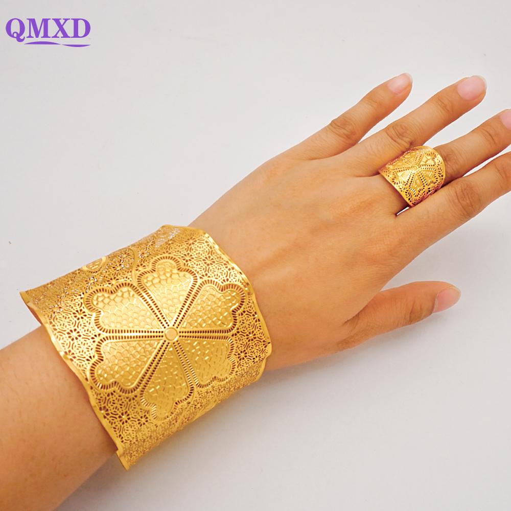 Dubai Gold Color Bangle With Ring For Women Charm Chain Cuff Bracelet Indian Bracelet Arabic France Bridal Wedding Jewelry Gifts