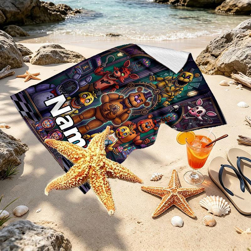 Personlig tilpasset strandhåndkle med navn, Five Nights at Freddy's-trykk, for reise, camping, strandfest, hjemmedekor, bursdagsgave til familie og venner