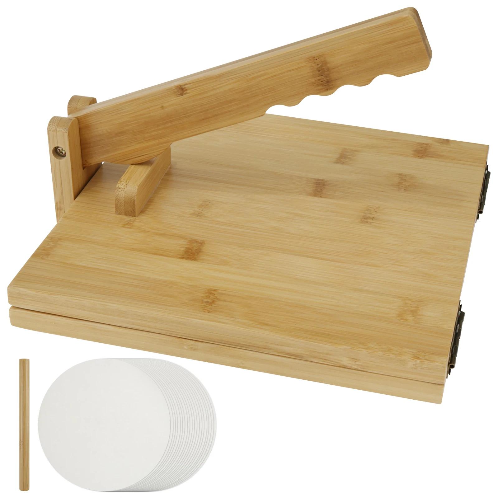 

Bamboo Tortilla Presser 10 Inch Manual Square Tortilla Maker with Rolling Pin Rotatable Mexican Tortillera Dough Pressing Tool