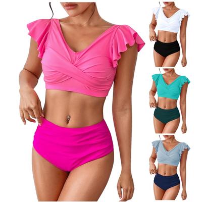Women's Split Fashion Bikini V-Neck Ruffle Front  High Waist With Bra Pads Non-Steel Support Swimsuit