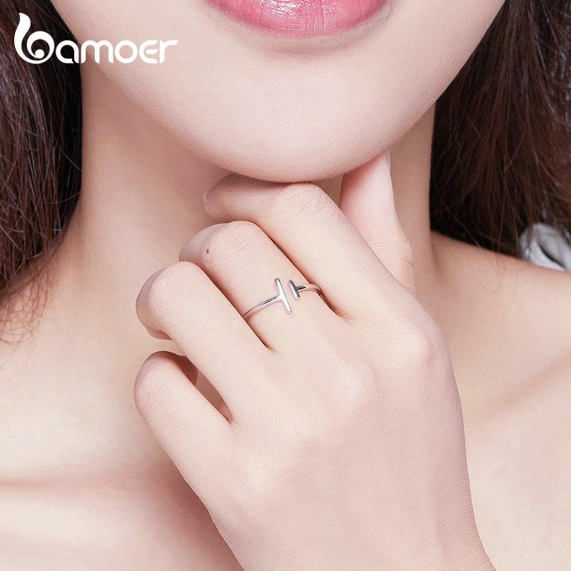 BAMOER 100% 925 Sterling Silver  Ring New Parallel Lines Ring For Women Sterling Silver Jewelry