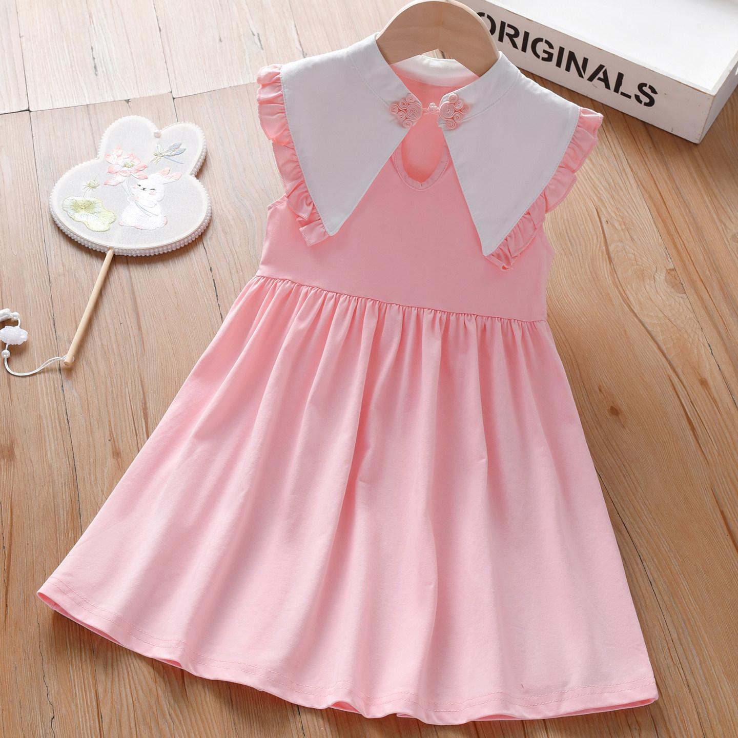 Girls Summer Pink Dress Sleeveless Large Collar Lace Splicing Doll Collar Loose A Line Vest Dress 90cm розовый