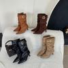 2026 autumn new women's boots pointed-toed thin-heeled piled boots women's suede belt buckle versatile pleated high-heeled short boots women