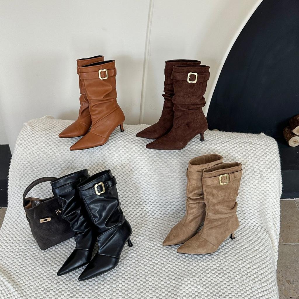 2026 autumn new women's boots pointed-toed thin-heeled piled boots women's suede belt buckle versatile pleated high-heeled short boots women