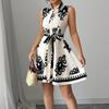 Women's Fashion Lapel Button Print Waist Tie Sleeveless Dresses
