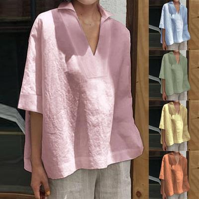 New Women's Summer Fashion Loose Crewneck Pullover Solid Color Literary Cotton Hemp T-shirt
