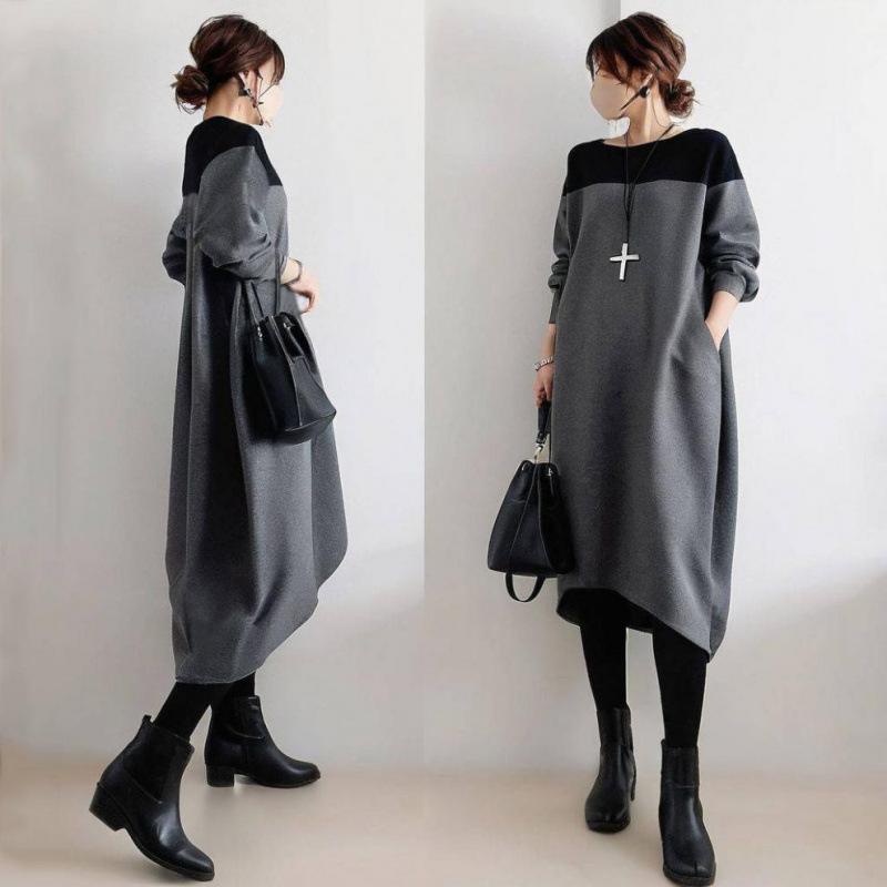 Plus Size Women Round Neck Patchwork Dress Loose Elegant Lightweight Autumn Daily Wear