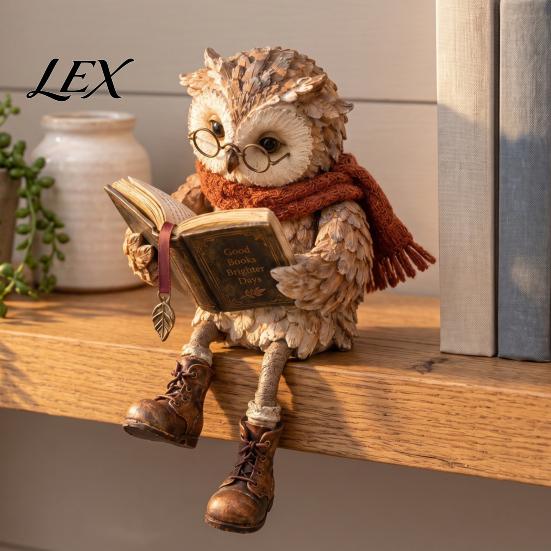 Reading Owl Statue for Home Decor Figurine, Creative with Glasses Scarf Boots And Open Book, Whimsical Reader Gift Teachers Sculpture Book Nook Shelf