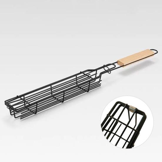 Mini Barbecue Grill Basket with Wooden Handles Non-Stick Rotisserie Cage for Chicken Vegetables