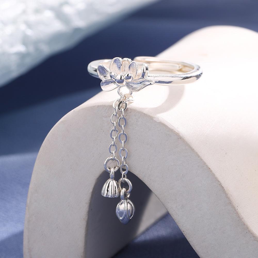 Tassel Lotus Ring New Chinese Jewelry Accessories Fashion Open Adjustable Design Flower Finger Ring Silver Flower Bud Lotus Ring