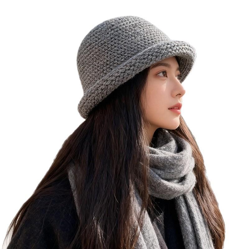 Autumn and Winter Thickened Woolen Fisherman's Hat for Women Curled Basin Hat Solid Color  Versatile Warm  Face Showing  Small Knitted Hat for Men