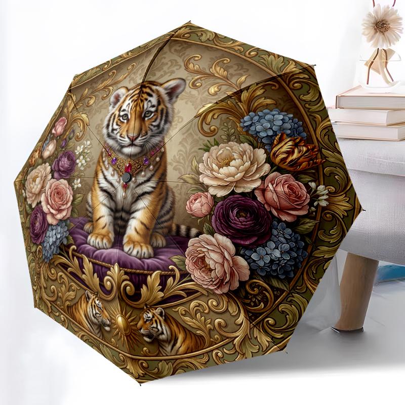1pc Sturdy 8-Bone Auto Umbrella, Bold Striking Tiger Umbrella, Digital Printed, Foldable Umbrella for On-the-Go Outdoor Use